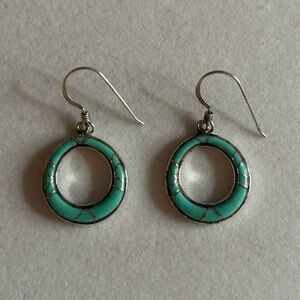 Sajen 925 Sterling Silver Turquoise Inlay Open Circle Boho Dangly Earrings